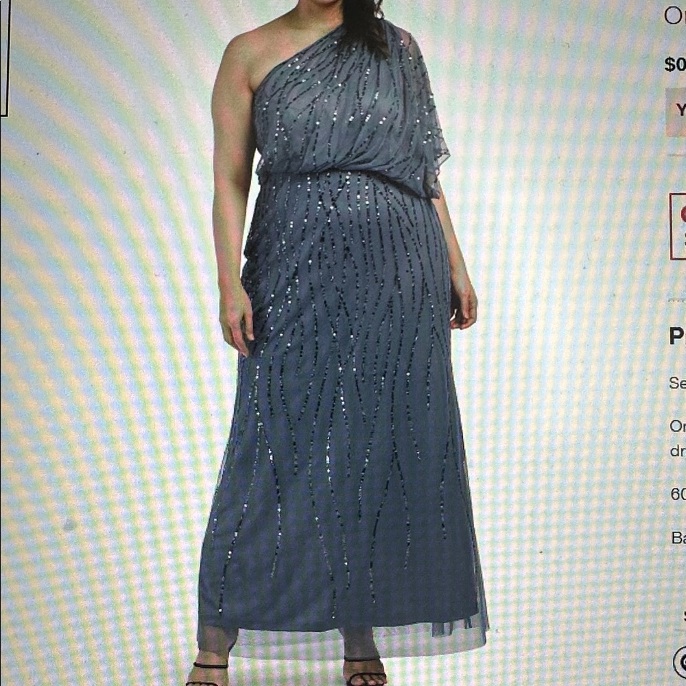 Elegant One-Shoulder Dusty Blue Adrianna Papell Gown